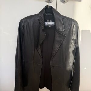 Reformation Black Leather Shirt Jacket